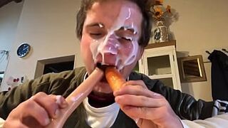 Fetish with sausages, carrots and cum