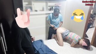 Prank with wife blindfolded and friend enters in the middle of sex, there was a friend inside the wardrobe