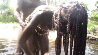 Skinny zulu hottie with perfect tits getting fucked while bathing in the river