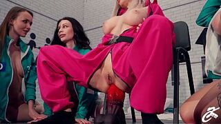 Squid Game XXX Parody Vol. 2 - Guard teaches Players to take huge anal dildo - Ksu Colt, Sia Sibera, Lesya Moon, Sonya Vibe