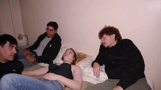 Friends arrive home after a party and end up having a threesome!