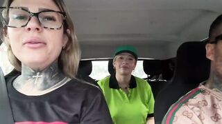I put the gas station attendant in the car so she could have great sex with me and my husband until she was drooling cum all over his dick, the drool from her pussy even dripped onto his balls!