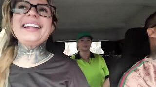 I put the gas station attendant in the car so she could have great sex with me and my husband until she was drooling cum all over his dick, the drool from her pussy even dripped onto his balls!